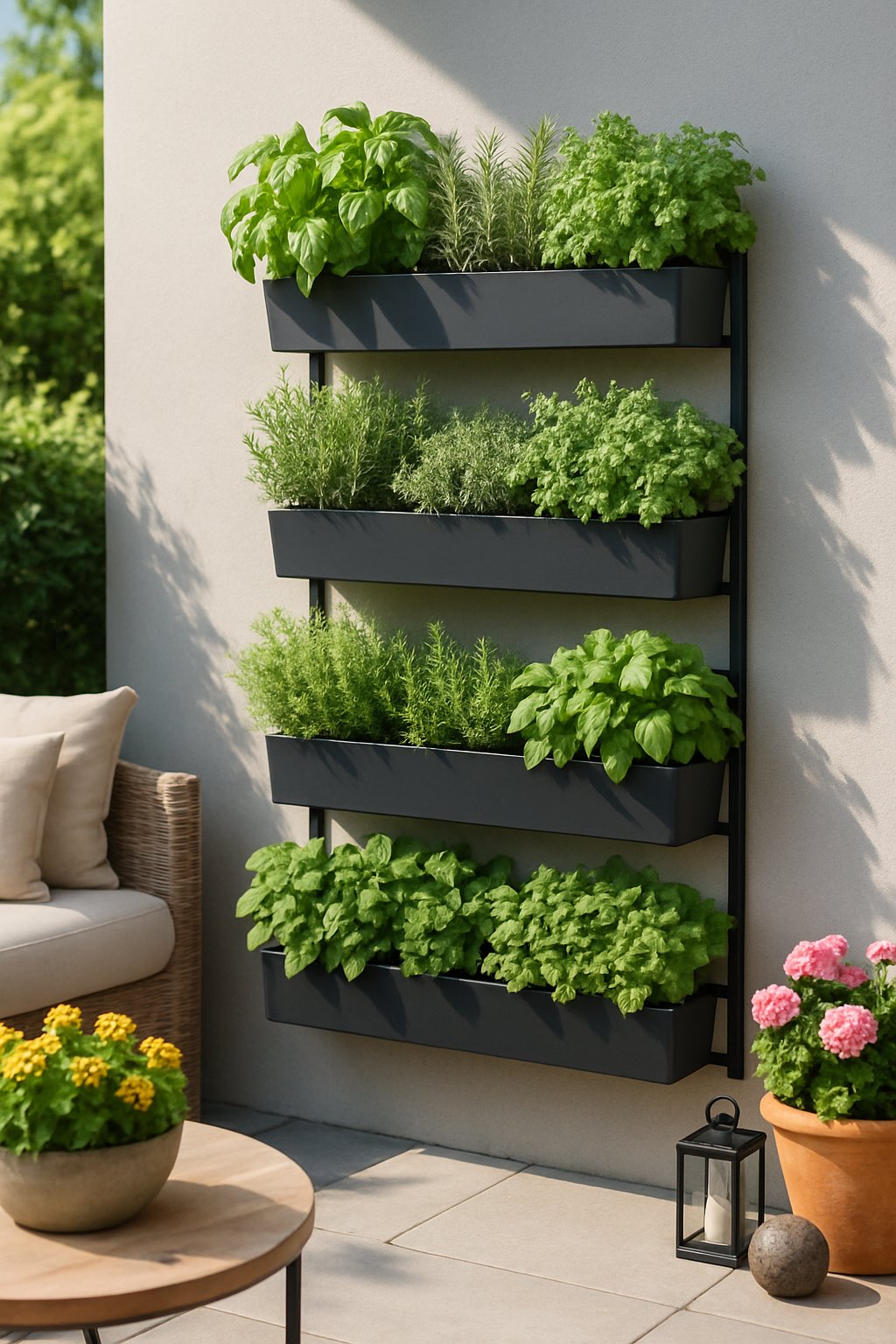 A vertical herb garden with various green herbs growing on a patio wall, surrounded by outdoor seating and decorative plants.