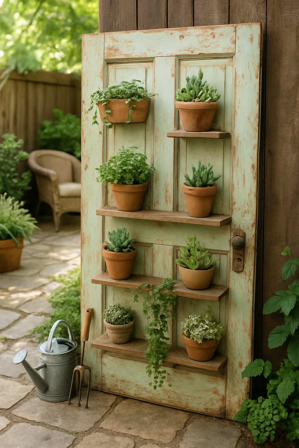 An old wooden door repurposed as a horizontal garden with plants on a back patio.