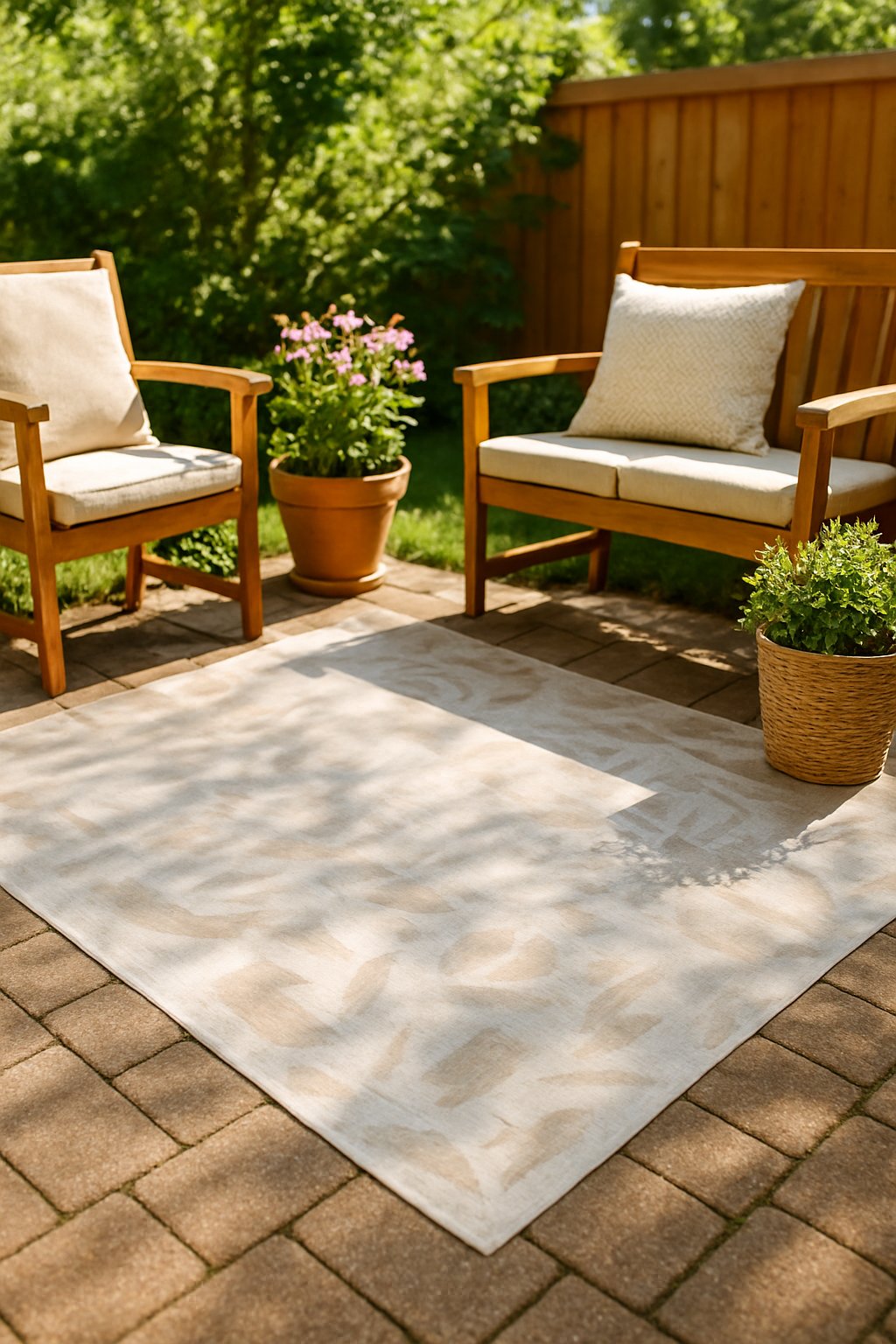 A back patio with a handmade painted drop cloth rug, potted plants, and outdoor seating in natural sunlight.