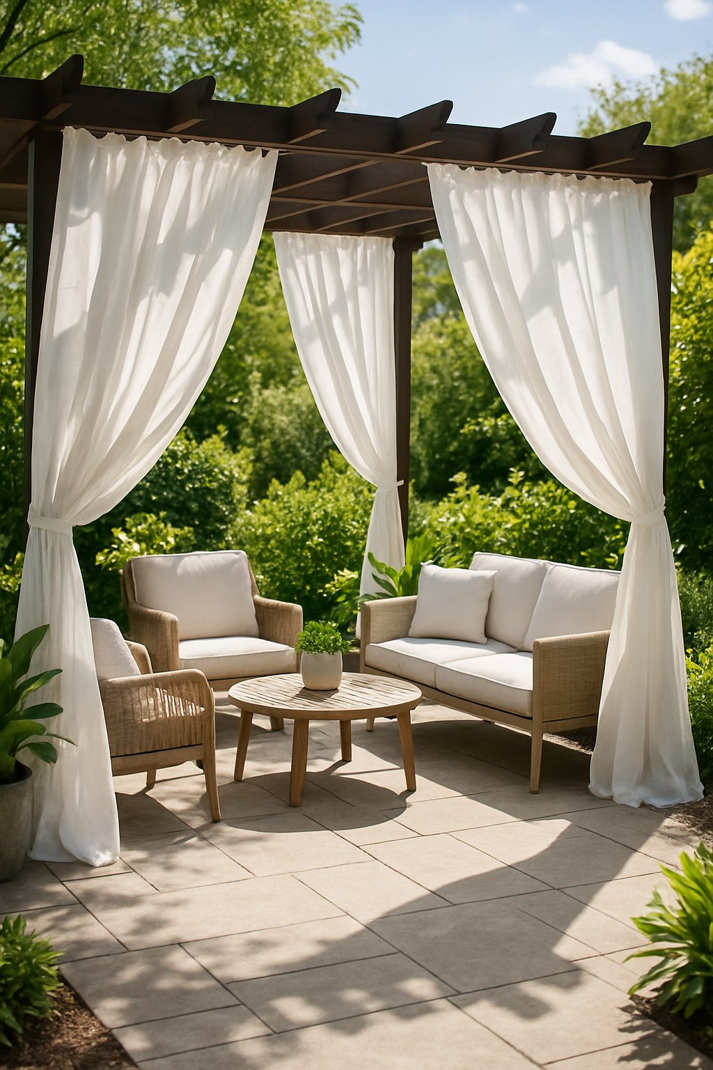 Outdoor patio with white curtains hanging from a pergola, surrounded by plants and comfortable seating.