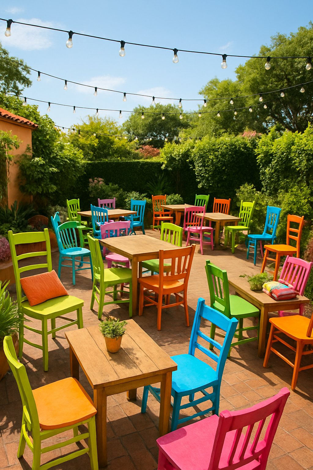 A back patio with 23 colorful neon-painted chairs arranged around tables, decorated with plants and string lights under a sunny sky.