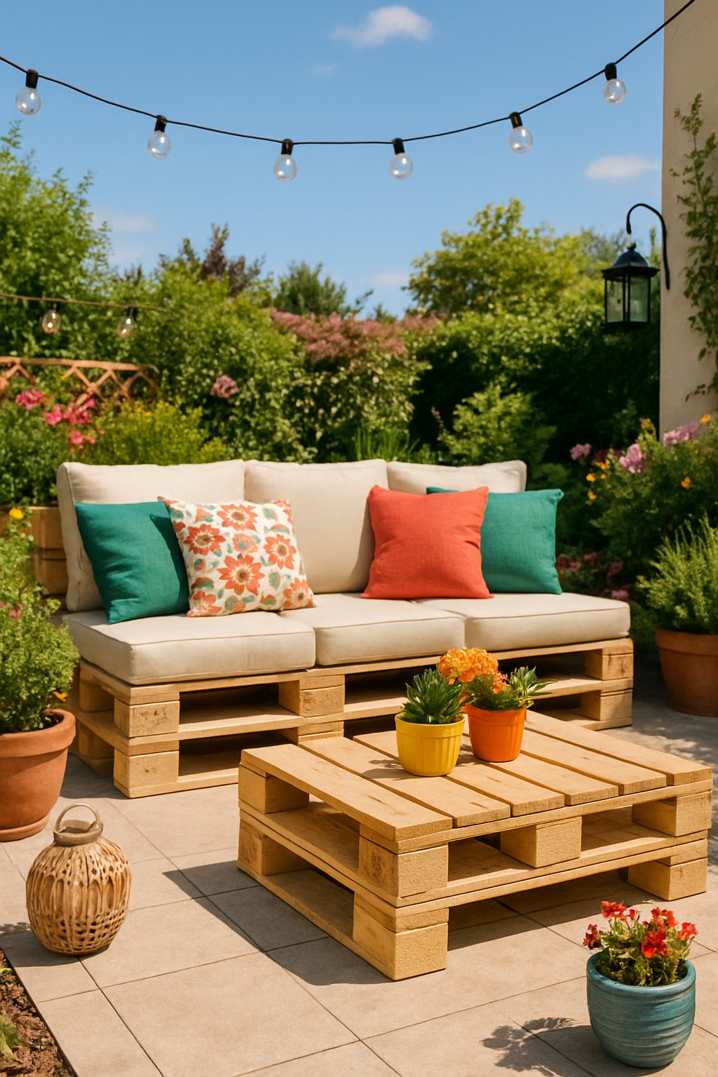 Outdoor patio with DIY pallet furniture, cushions, plants, and decorative lighting in a garden setting.