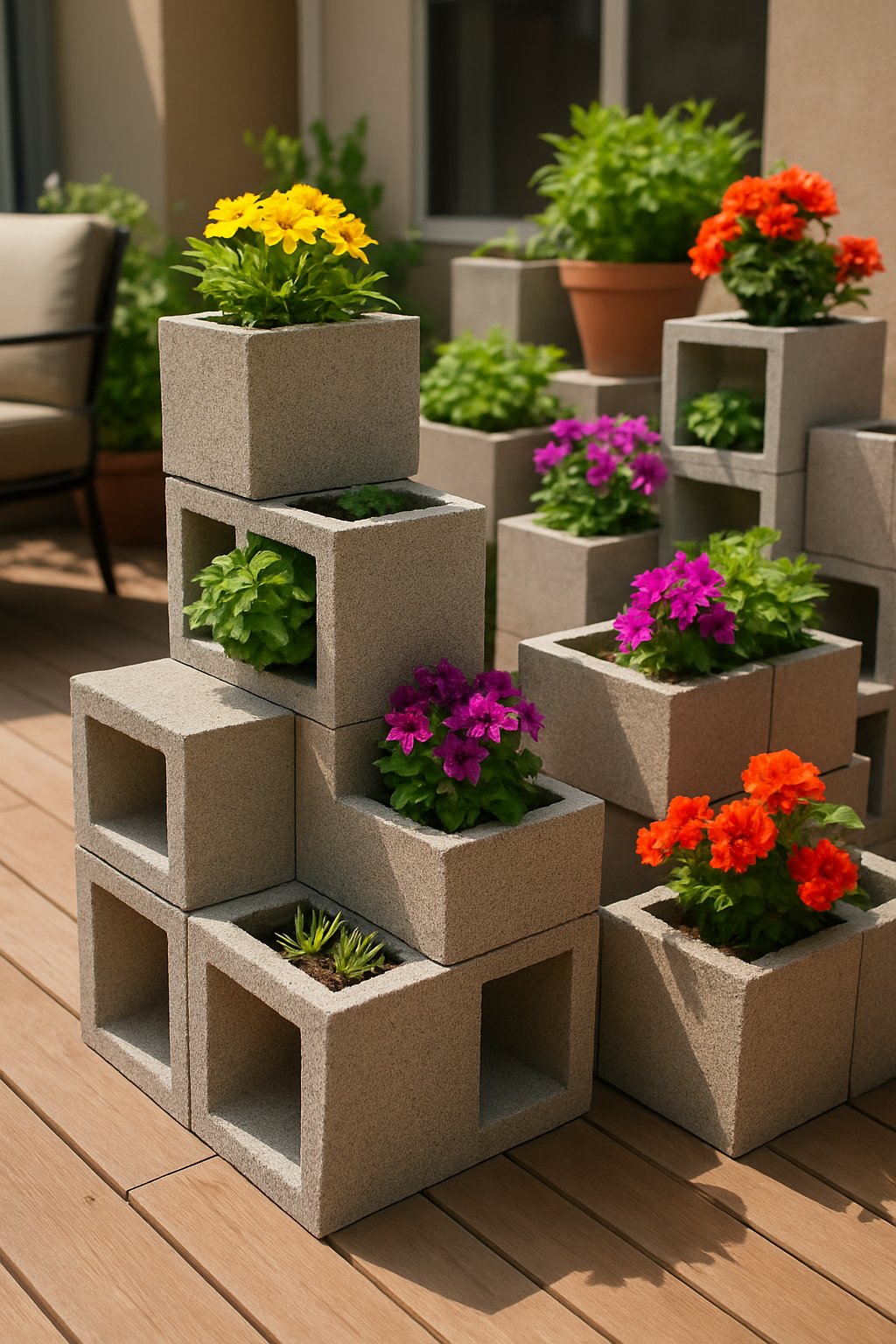 Back patio with creatively stacked cinder block planters filled with green plants and colorful flowers.