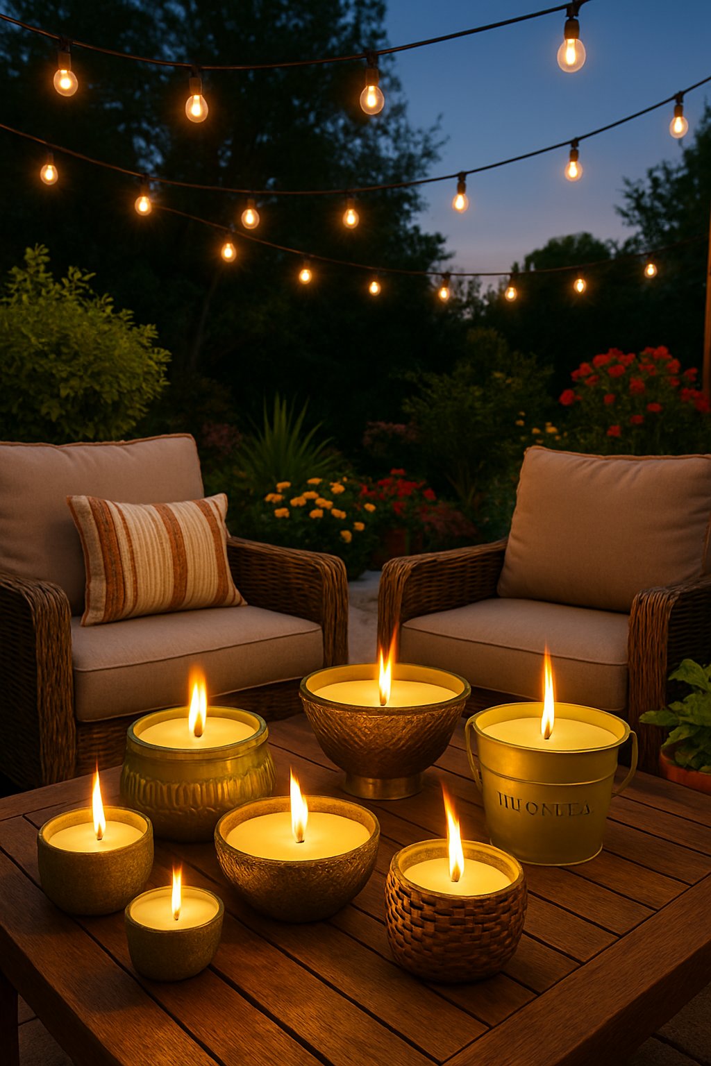 Outdoor patio with lit citronella candles, cozy seating, plants, and string lights creating a warm and inviting atmosphere.
