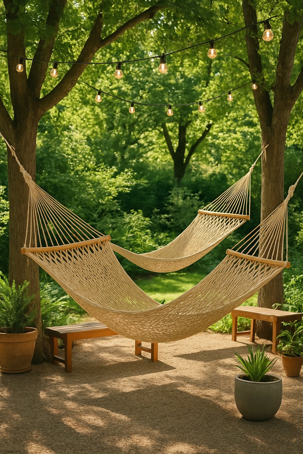 Backyard patio with woven hammocks hanging between trees surrounded by greenery and simple outdoor furniture.