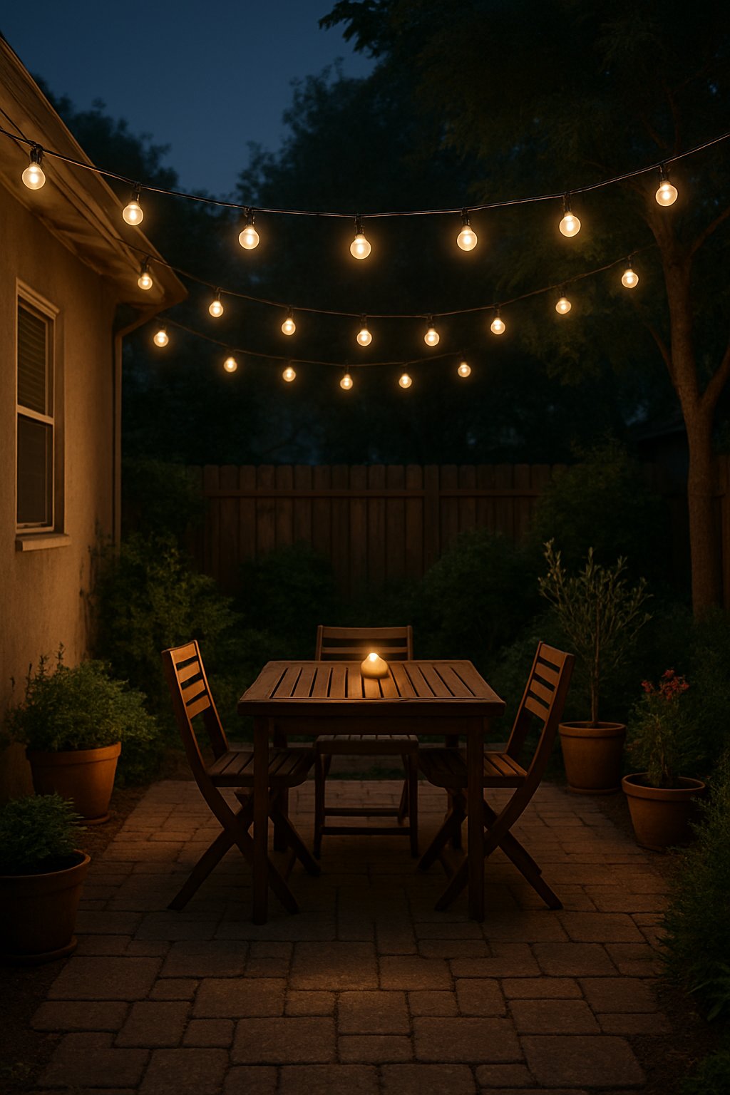Backyard patio at dusk with globe string lights hung overhead, simple furniture, and plants creating a warm and inviting outdoor space.