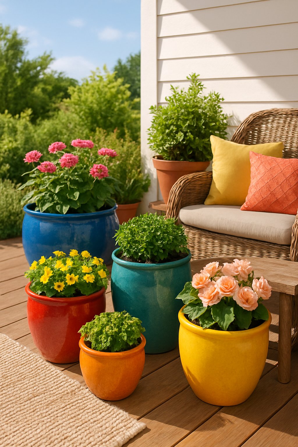 A patio corner with colorful ceramic planters filled with green plants and flowers, surrounded by outdoor furniture and greenery.