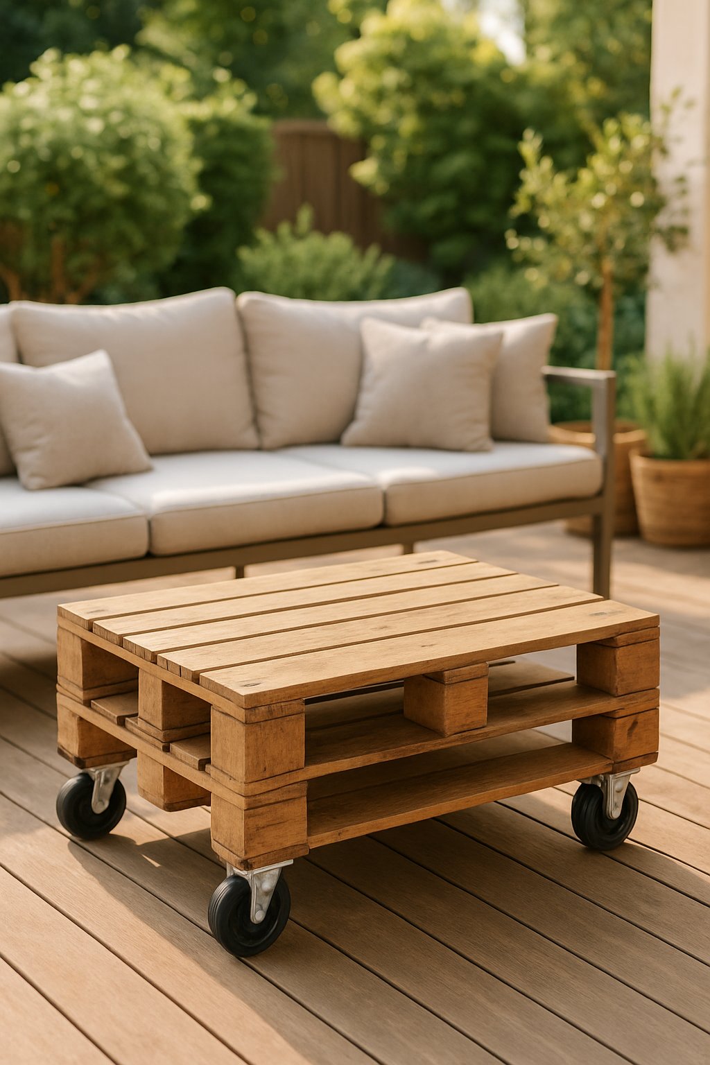 A DIY pallet coffee table with wheels on a back patio surrounded by outdoor seating and plants.