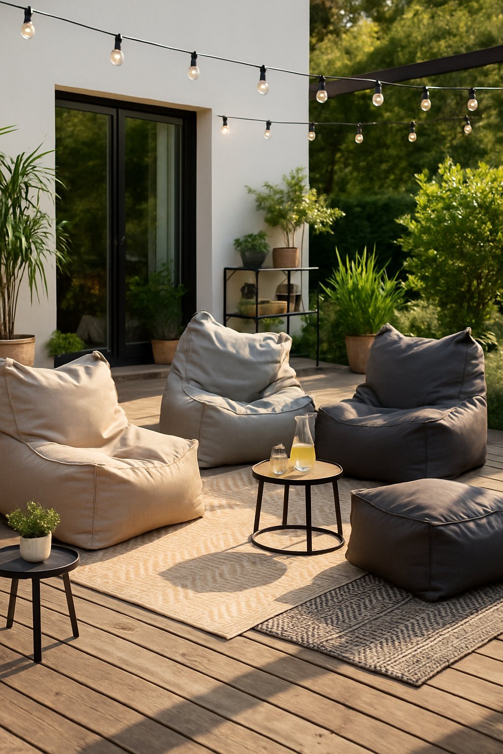 Outdoor patio with weather-resistant bean bags arranged for lounging surrounded by plants and outdoor decorations.