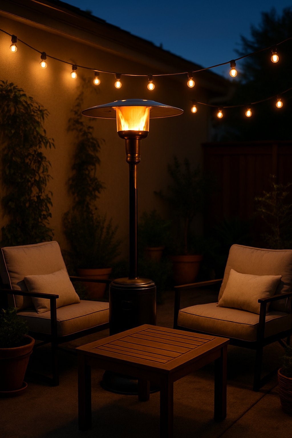 Outdoor back patio at dusk with a portable propane heater glowing warmly near patio furniture and plants.