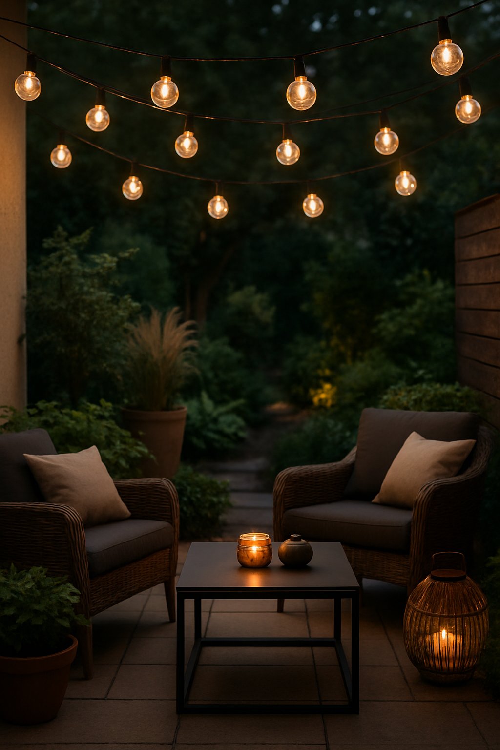 Outdoor patio with globe pendant lights hanging overhead, a seating area, and surrounding plants.