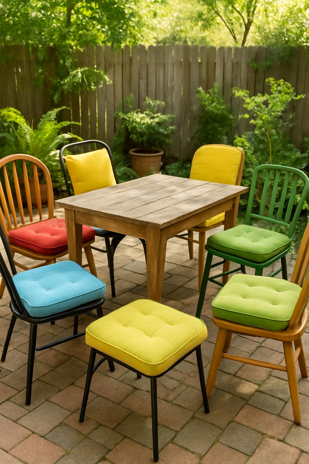 Outdoor patio with colorful seat cushions on chairs around a wooden table surrounded by plants.