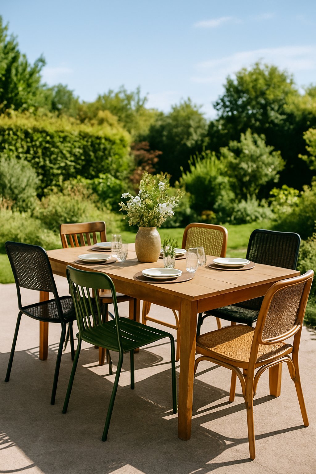 Outdoor dining table surrounded by a variety of different chairs in a garden setting.