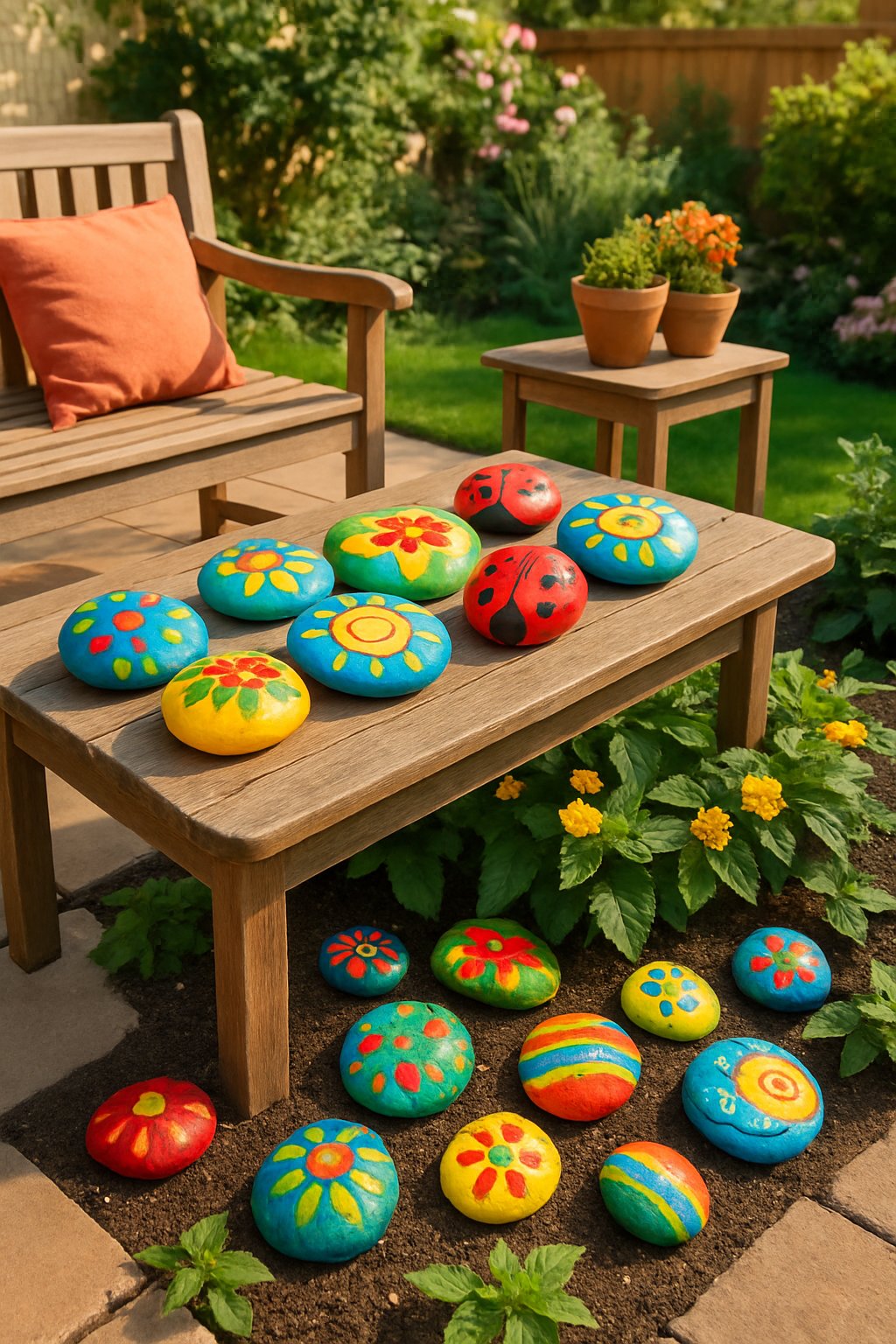 A backyard patio with colorful painted garden stones arranged on a wooden table and around a garden bed surrounded by plants and outdoor furniture.