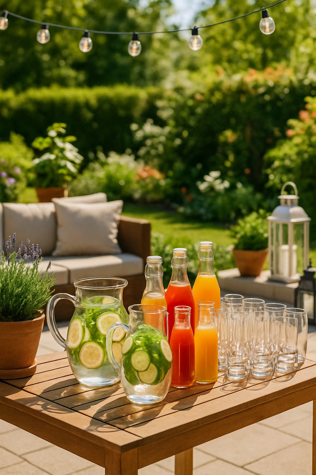 An outdoor patio drink station with pitchers of infused water, glasses, and colorful beverages surrounded by plants and patio decorations.