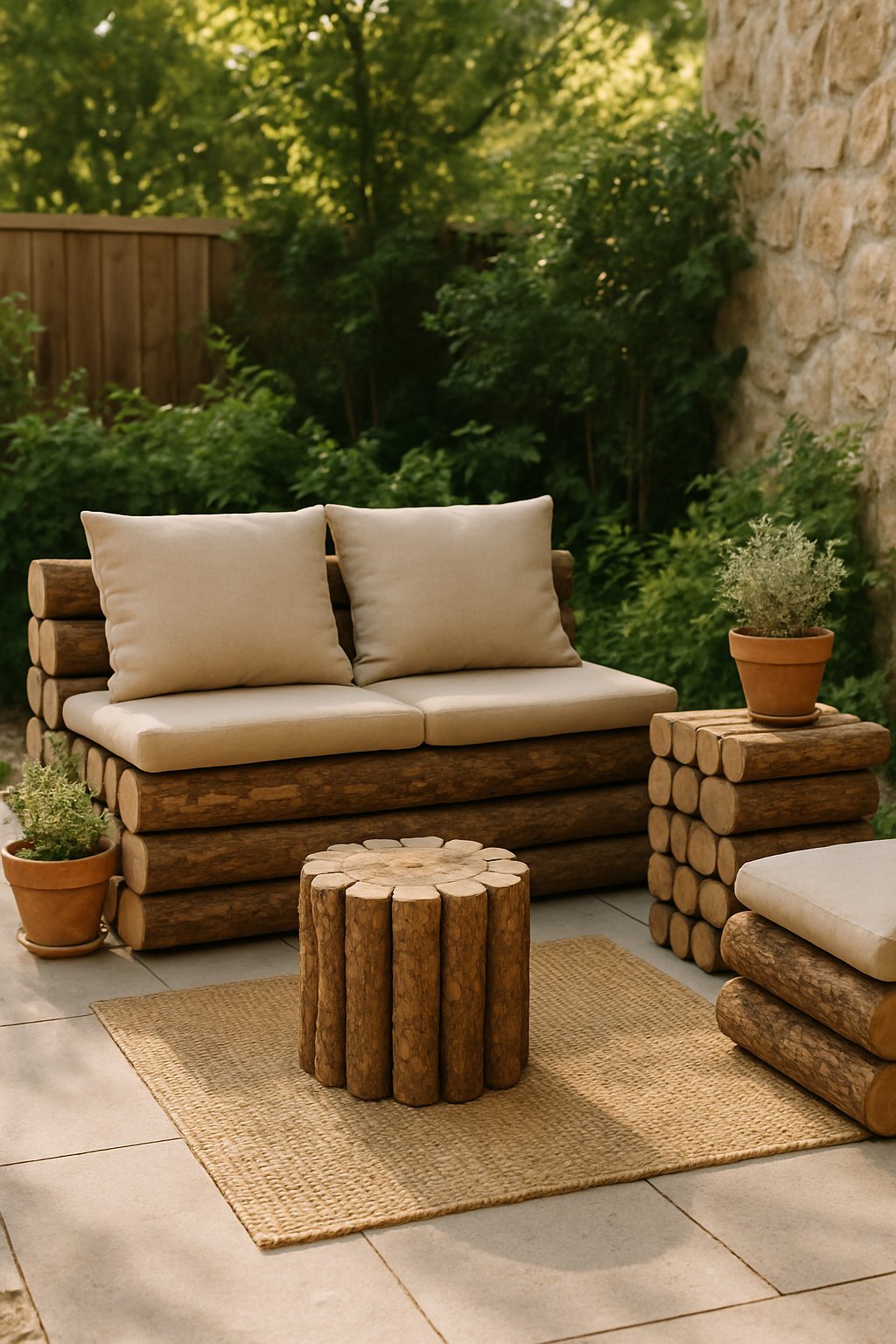An outdoor patio with seating made from stacked wooden logs surrounded by plants and natural elements.