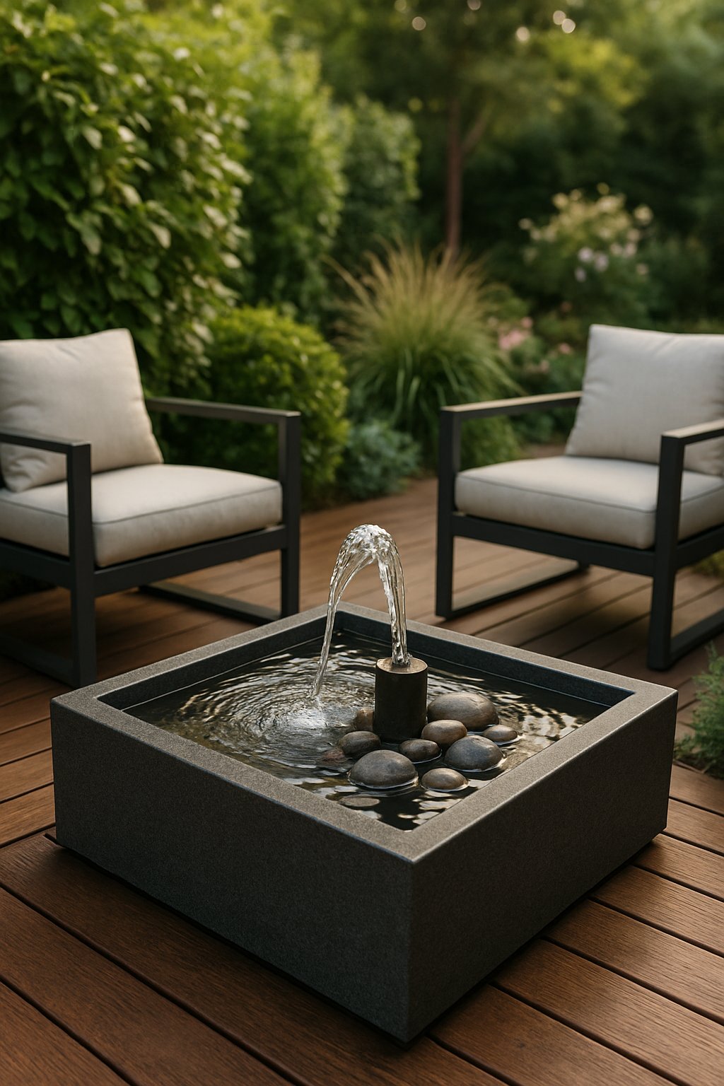 Outdoor patio with a water fountain, surrounded by plants and comfortable seating.