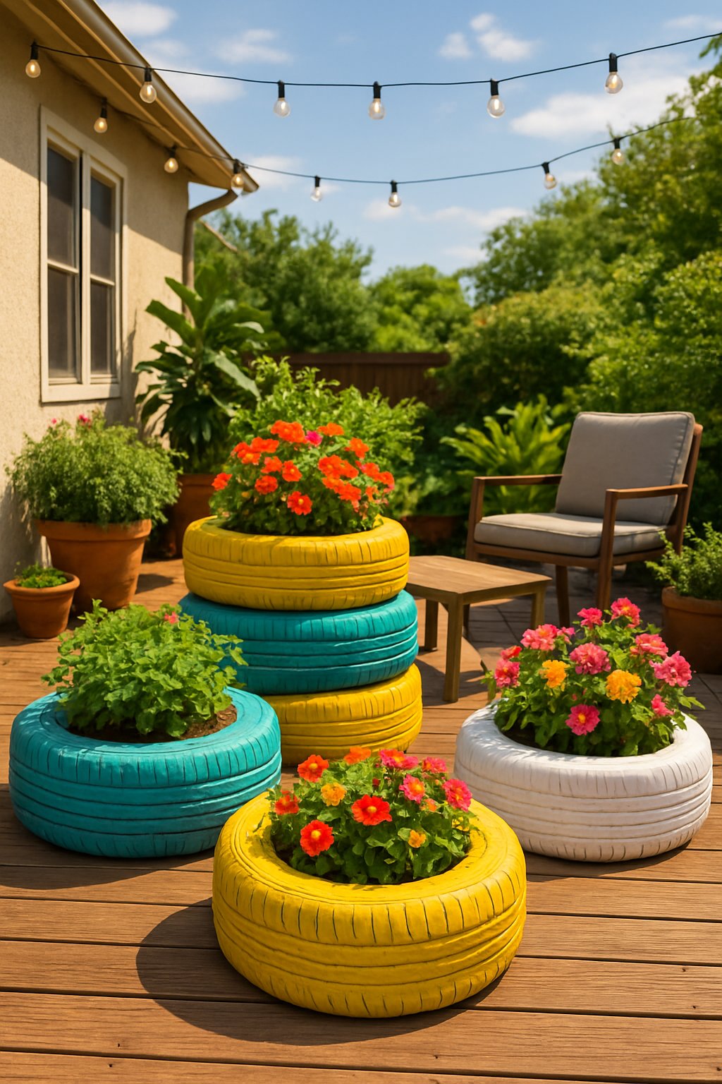 Back patio with colorful repurposed tires used as planters filled with green plants and flowers, surrounded by outdoor furniture and string lights.