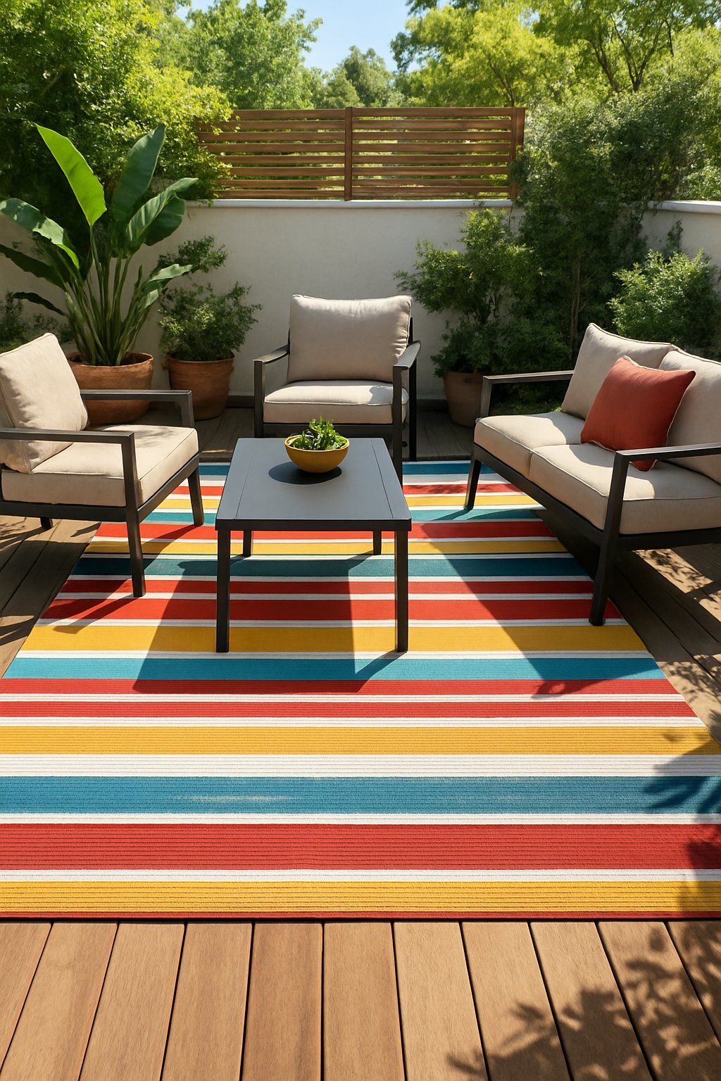 Outdoor patio with a colorful striped rug, patio furniture, and plants on a wooden deck in sunlight.
