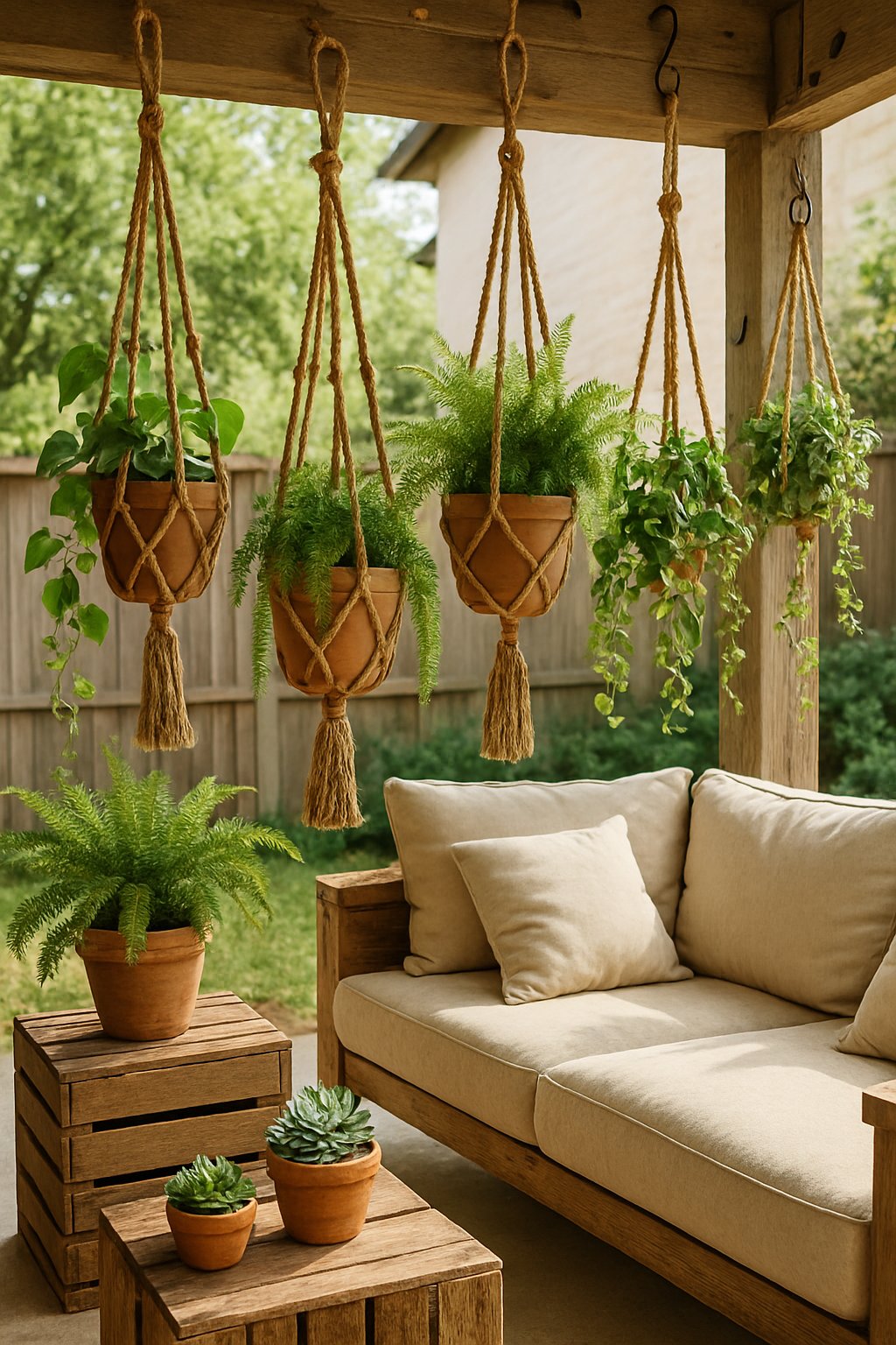 Back patio with handmade macrame plant hangers made from old rope holding green plants, surrounded by budget-friendly outdoor decor and wooden elements.