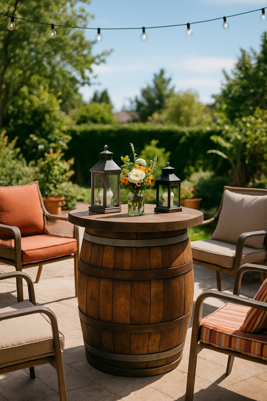 Outdoor patio with a vintage wine barrel used as a table surrounded by chairs, plants, and string lights.