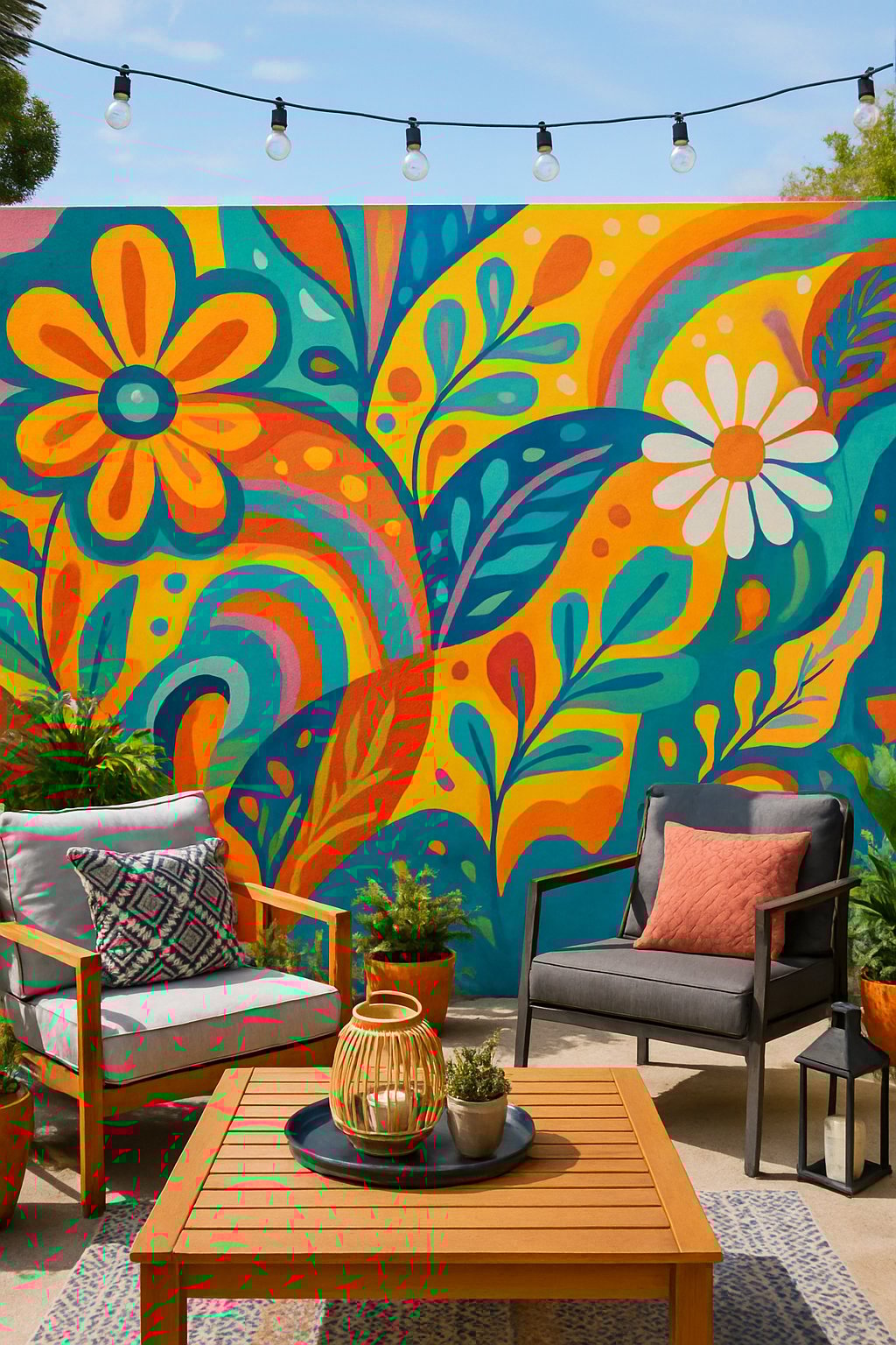 Backyard patio with a large colorful mural on the wall, outdoor furniture, potted plants, and string lights.