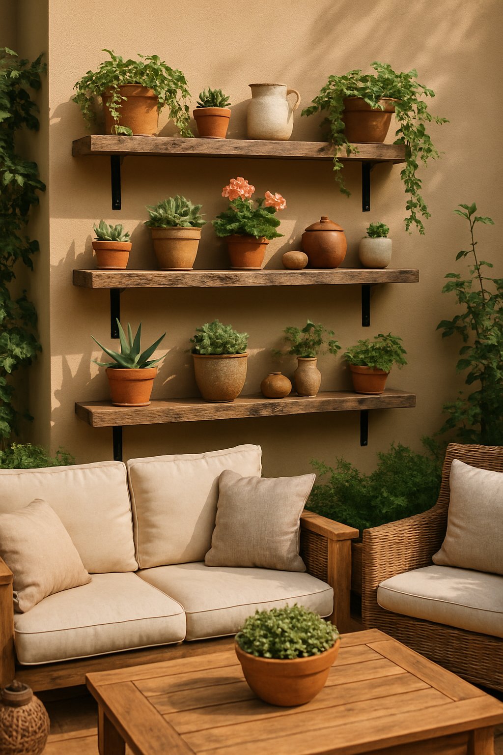 A patio with reclaimed wood shelves holding potted plants and small decorative items, surrounded by outdoor furniture and garden decor.
