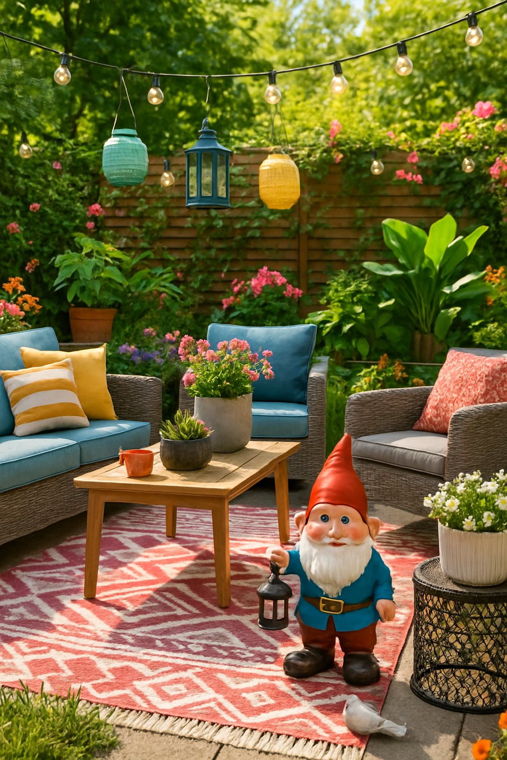 An outdoor patio decorated with plants, seating, string lights, and a playful garden gnome holding a lantern.