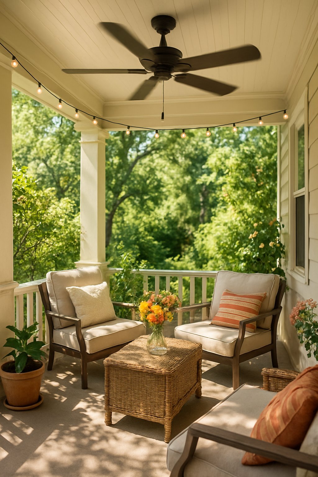 A porch with a ceiling fan, comfortable lounge chairs, and plants creating a relaxing outdoor space.