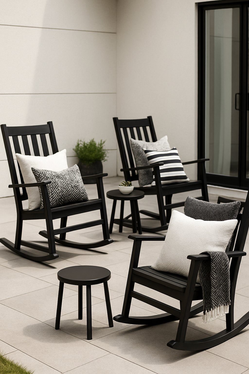 Outdoor patio with black rocking chairs and cozy cushions arranged around a small table.