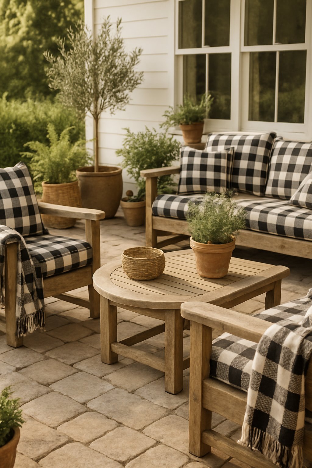Outdoor patio with wooden chairs, black and white checkered cushions, and potted plants.