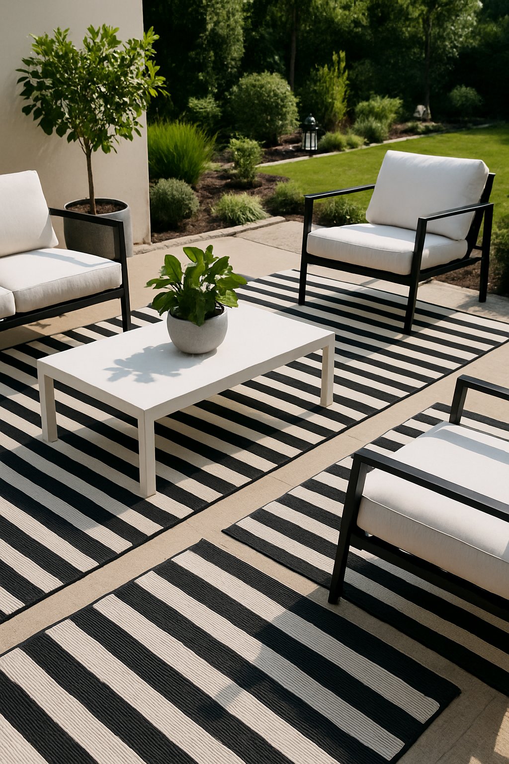Outdoor patio with black and white striped rugs, modern furniture, and green plants.
