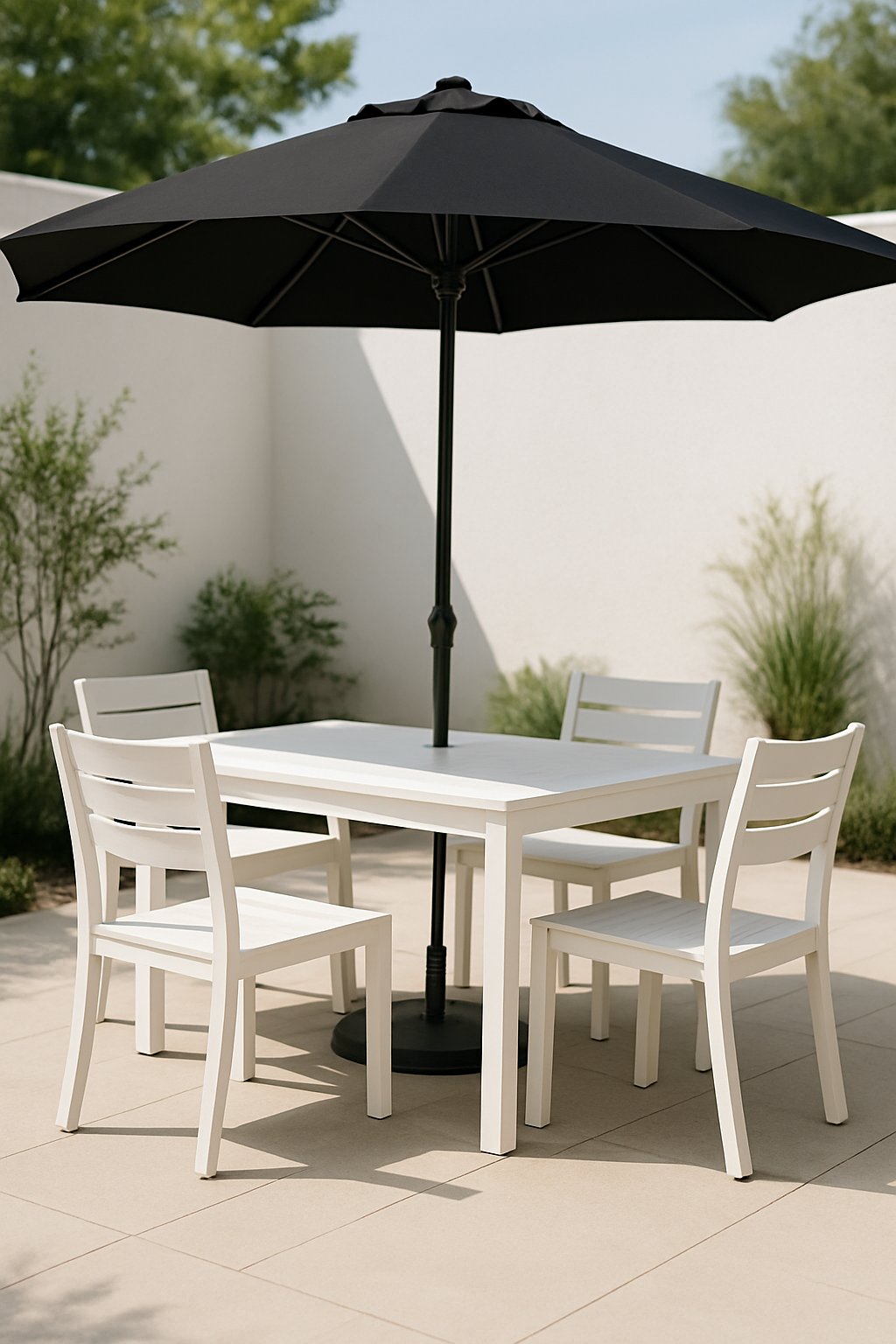 Outdoor dining area with a white table and chairs under a large black umbrella on a patio.