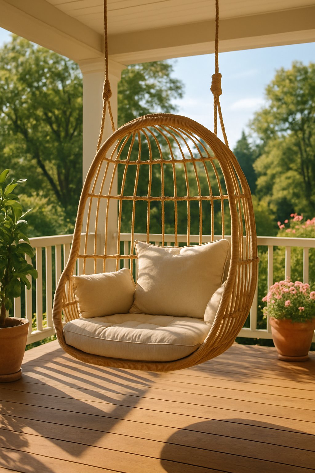 A hanging swing chair with cushions on a wooden back porch surrounded by plants and greenery.