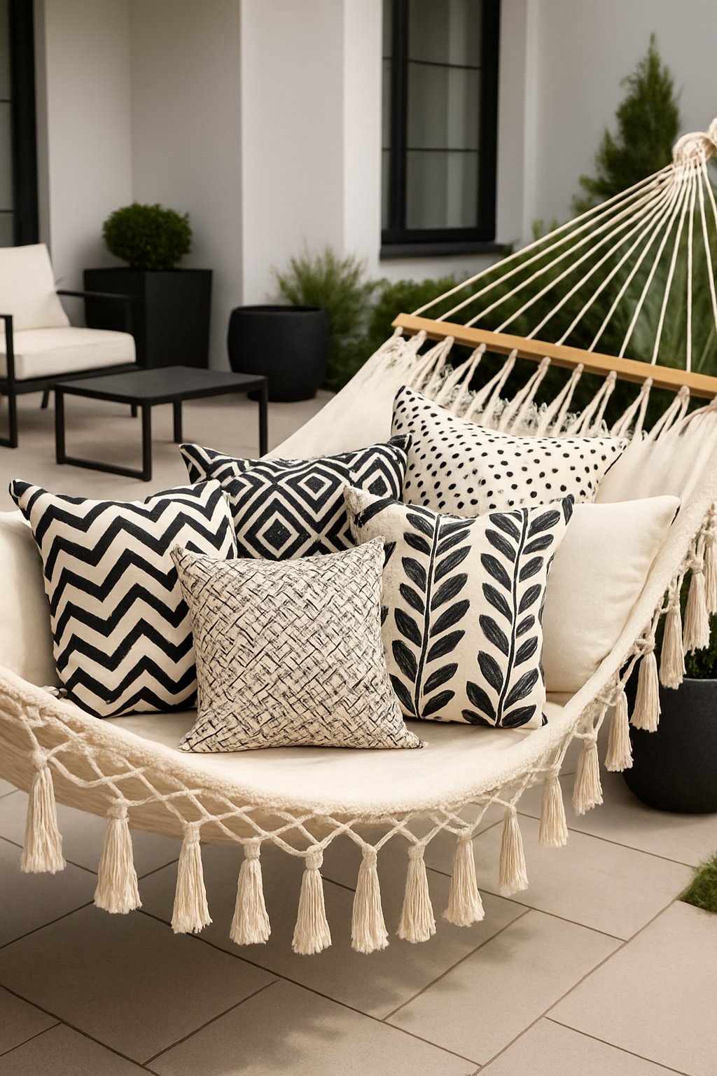 A hammock with printed pillows hanging on a patio surrounded by black and white furniture and plants.