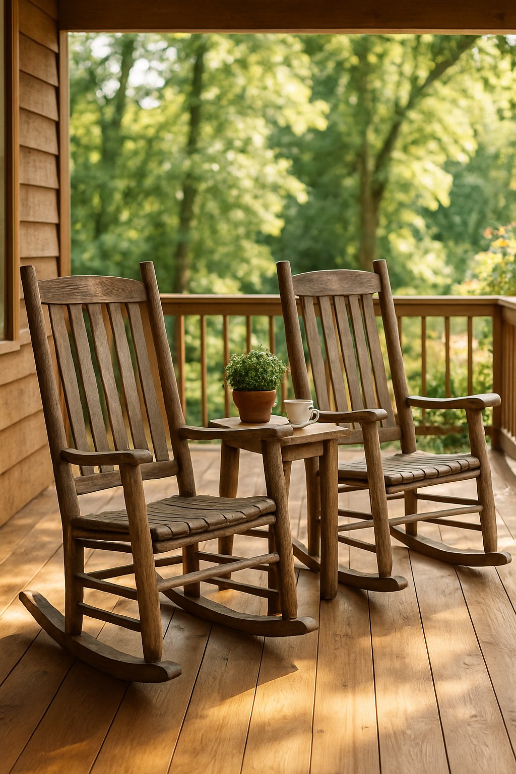 Two wooden rocking chairs on a back porch with a small table between them and greenery in the background.