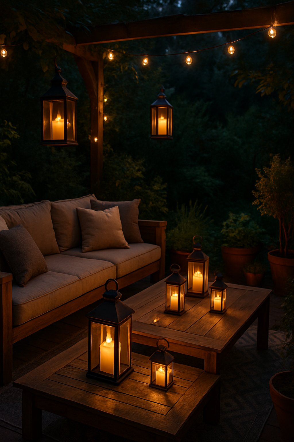 An outdoor patio at dusk with candle lanterns glowing on a table and hanging nearby, surrounded by seating and plants.