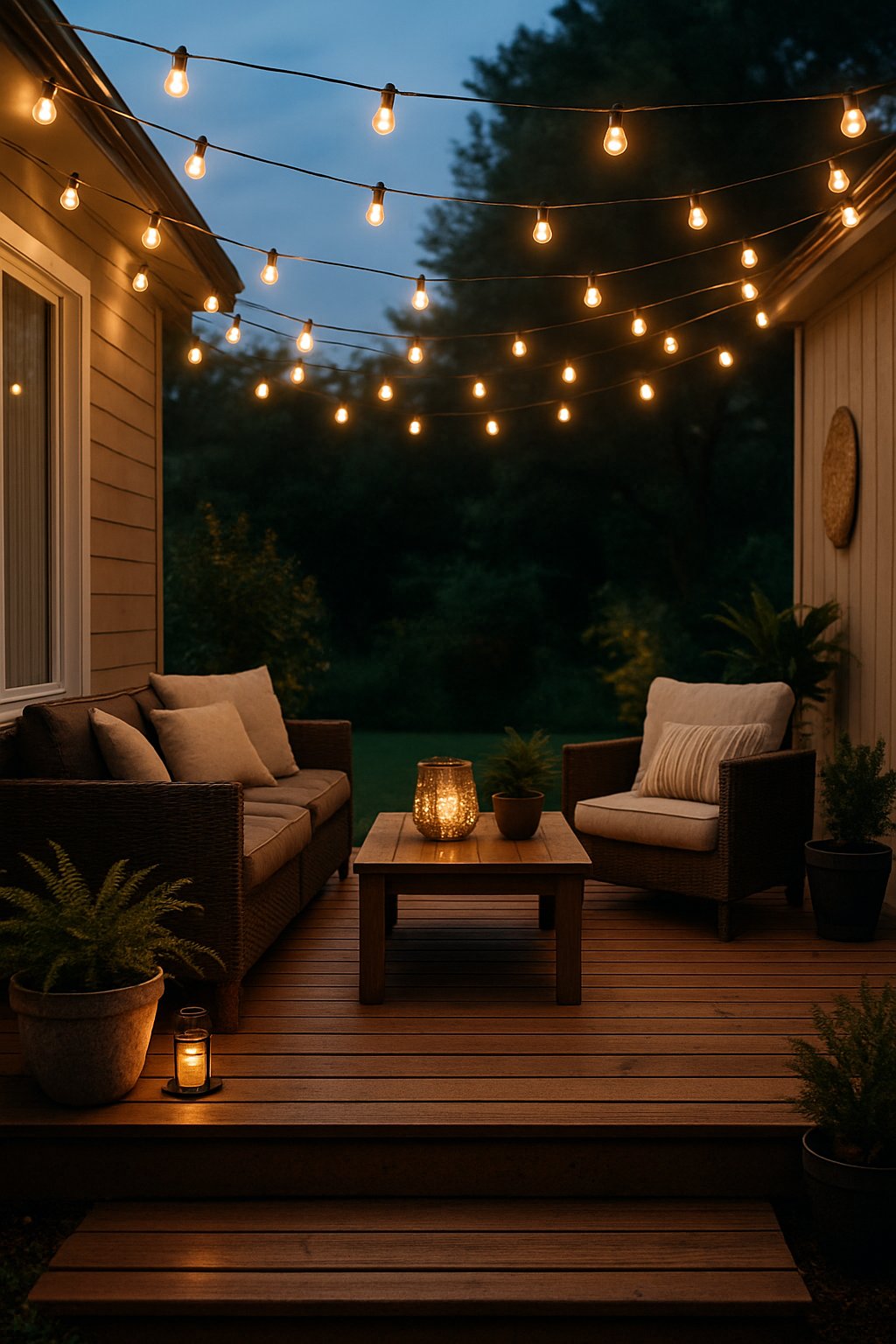 A back porch with string lights zigzagging overhead, comfortable seating, and plants creating a warm and inviting outdoor space at dusk.