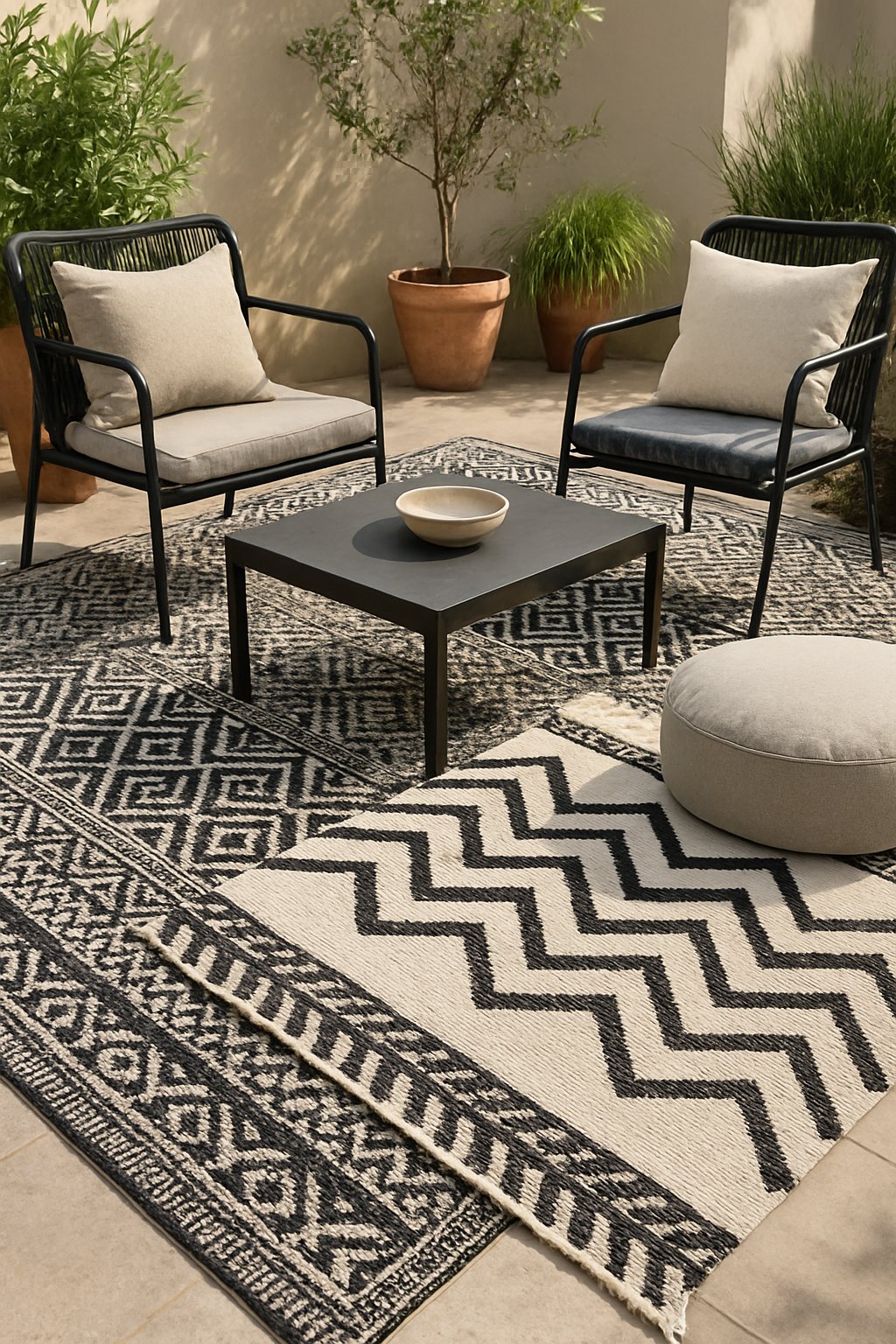 Outdoor patio with black and white textured rugs, modern furniture, and plants.
