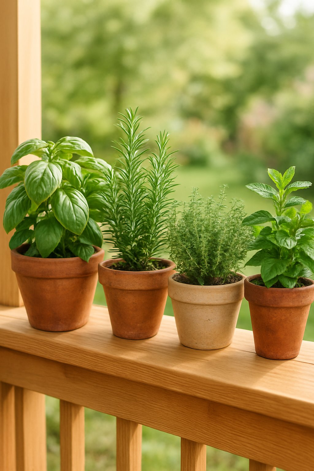 Potted herbs placed on a wooden porch railing with a garden in the background.