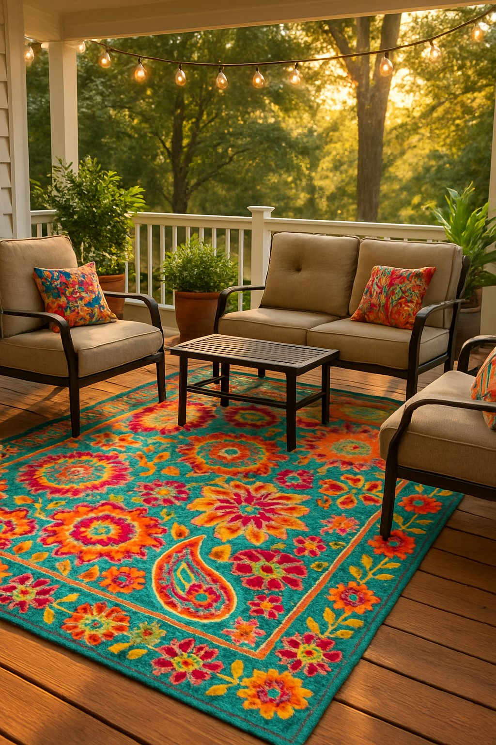 A back porch with a colorful outdoor rug, cushioned chairs, potted plants, and string lights creating a cozy outdoor seating area.