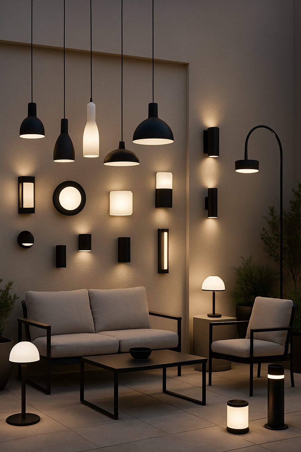Outdoor patio with various black and white modern lighting fixtures illuminating the space, surrounded by simple furniture and plants.