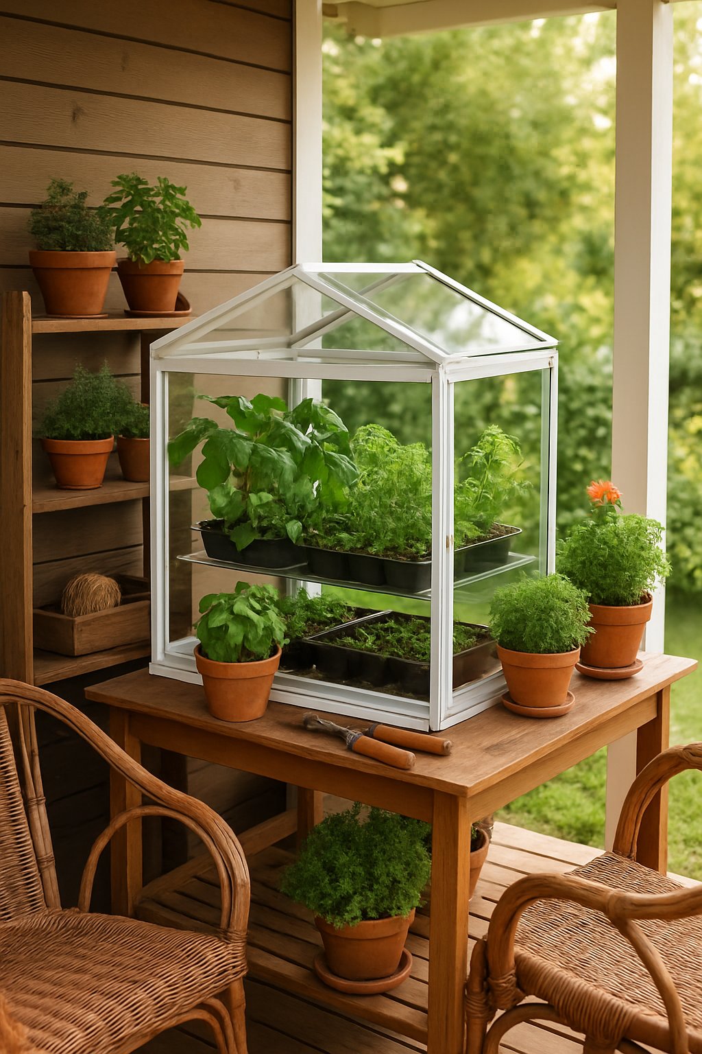 A small greenhouse corner on a back porch filled with green plants, gardening tools, and wooden shelves.