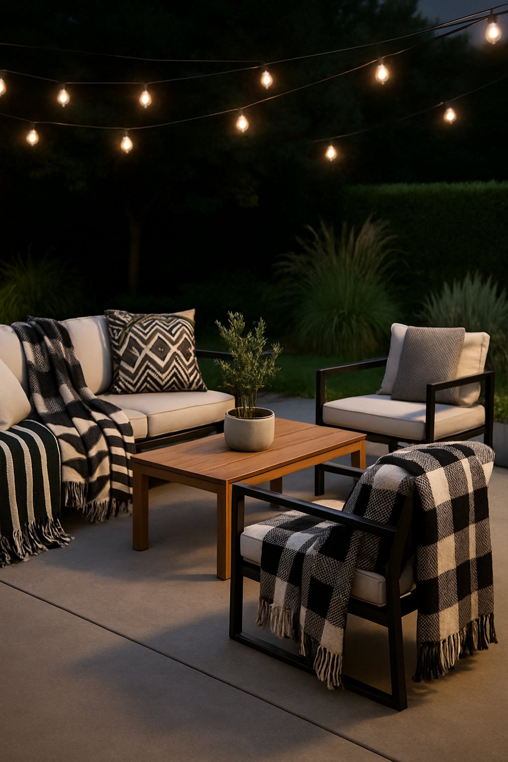 Outdoor patio with black and white throw blankets on modern furniture surrounded by plants and soft lighting.