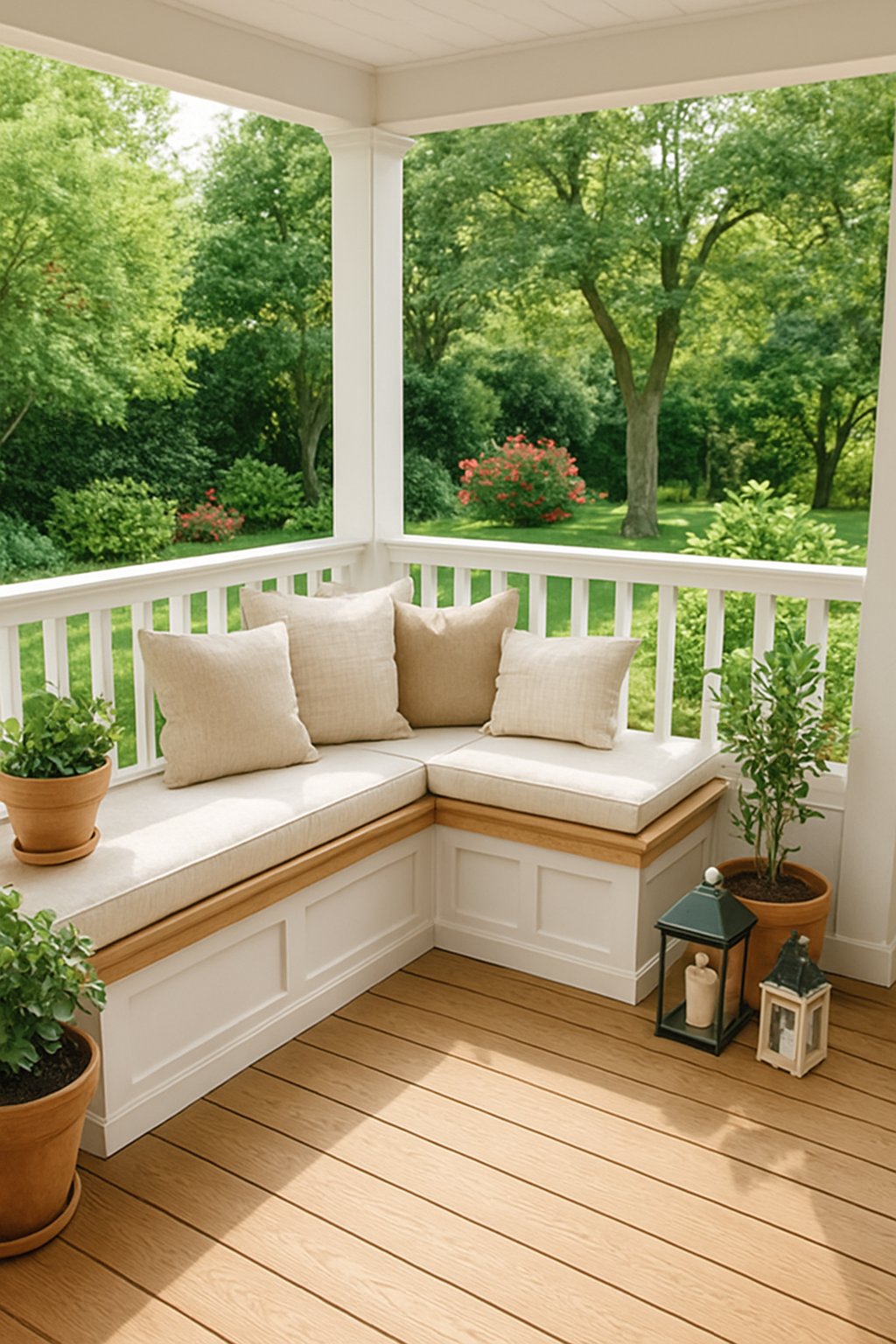 A back porch with a built-in wooden bench featuring storage underneath, decorated with cushions and surrounded by plants, overlooking a green garden.