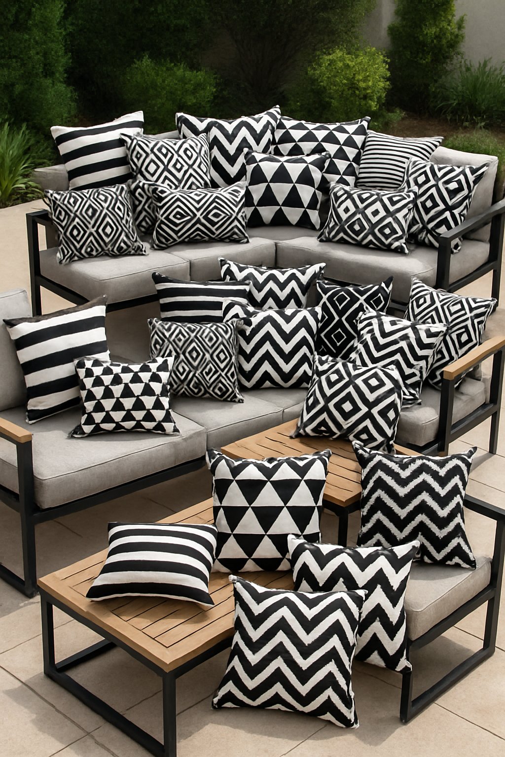 Outdoor patio with modern furniture arranged with multiple black and white geometric patterned cushions.