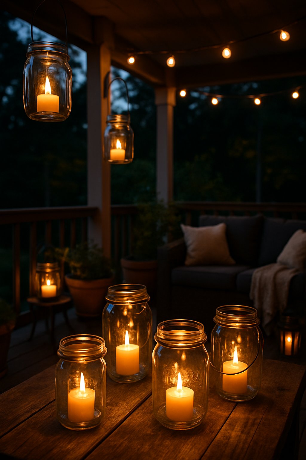 A back porch with glowing mason jar lanterns on a wooden table and hanging around, surrounded by outdoor furniture and plants.