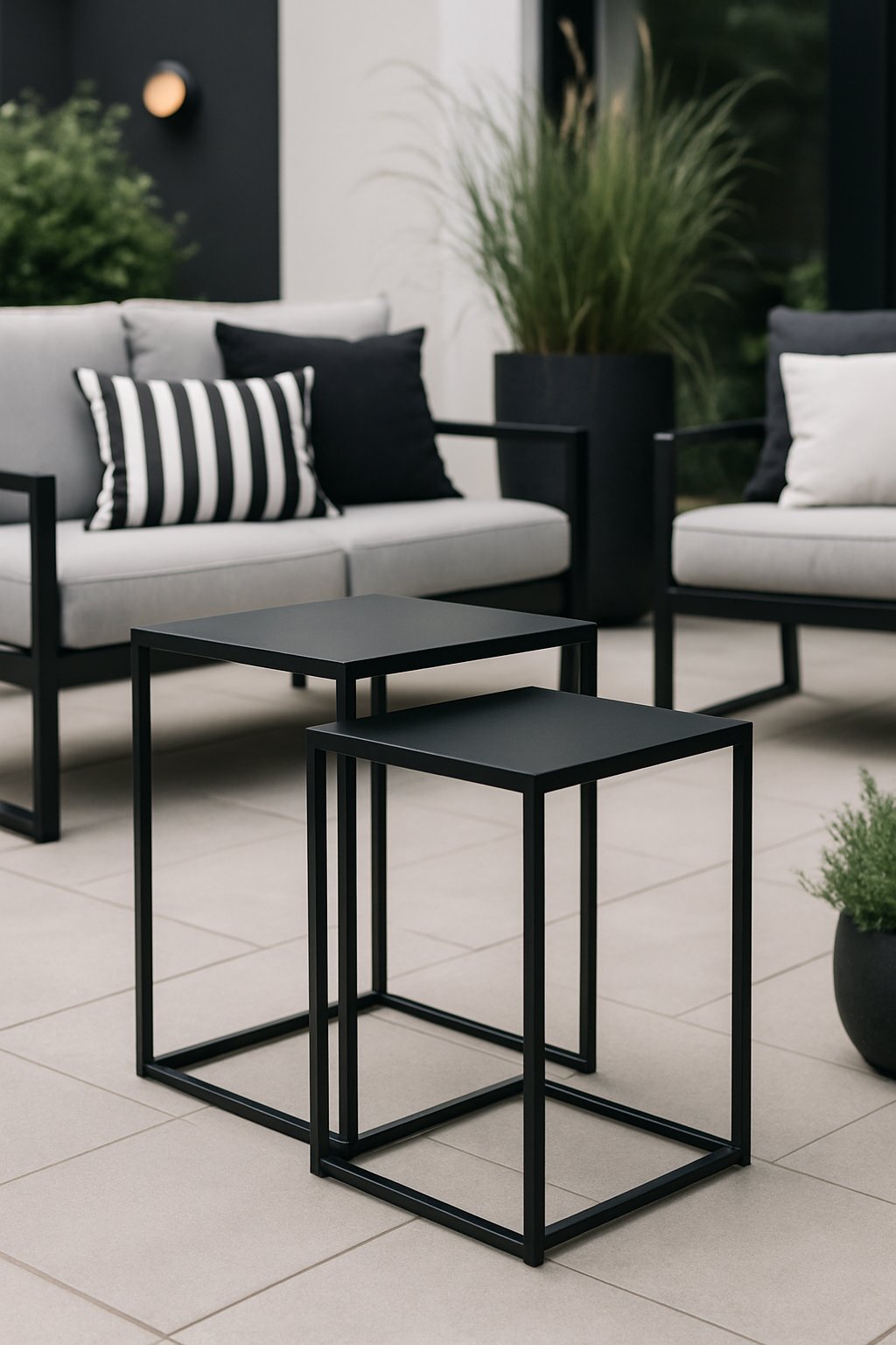 Black metal side tables arranged on a patio with chairs and plants in an outdoor setting.
