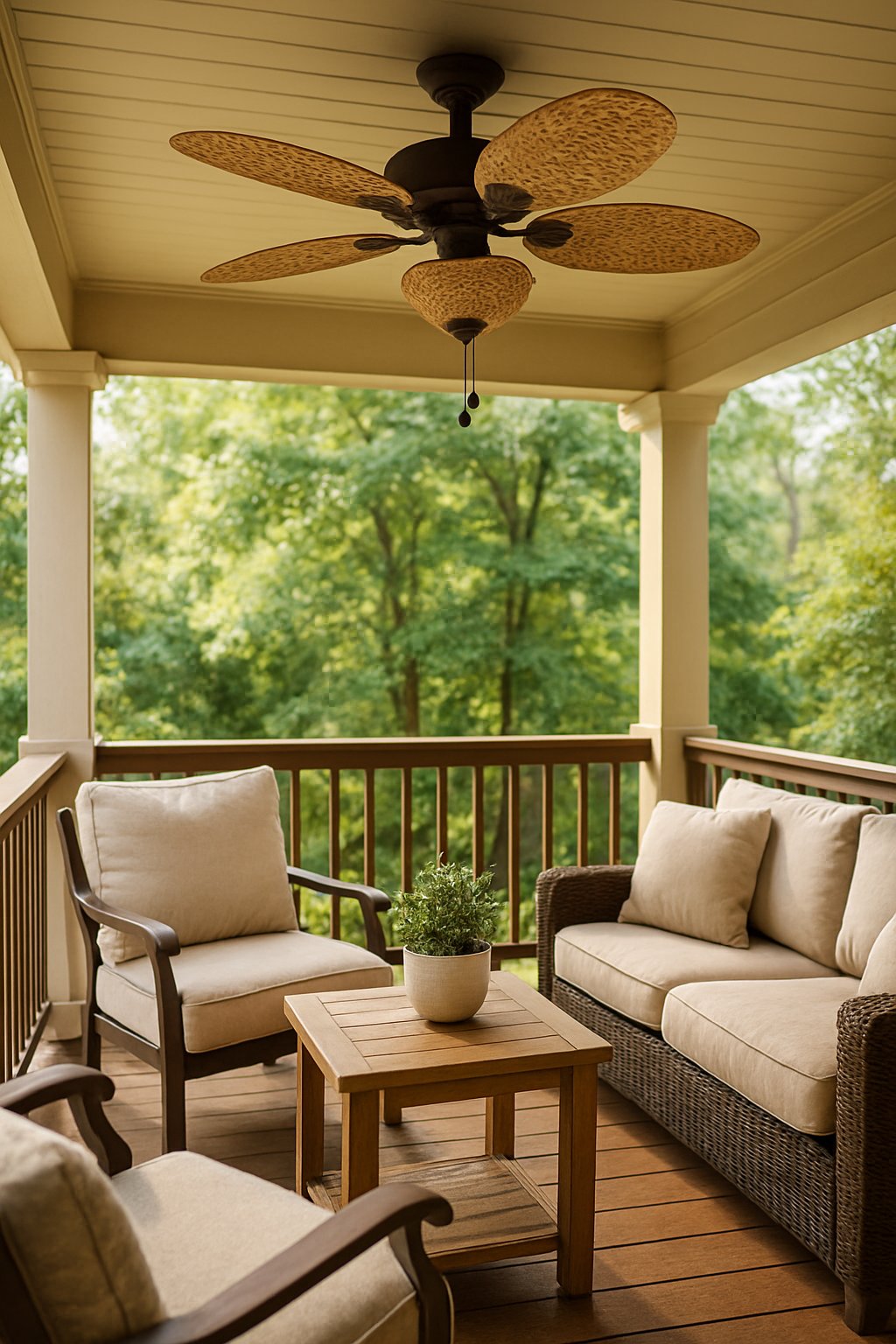 Back porch with a ceiling fan with woven blades and outdoor furniture surrounded by greenery.