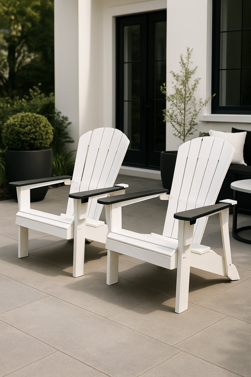 Two white Adirondack chairs with black accents on a patio surrounded by black and white outdoor decor and greenery.